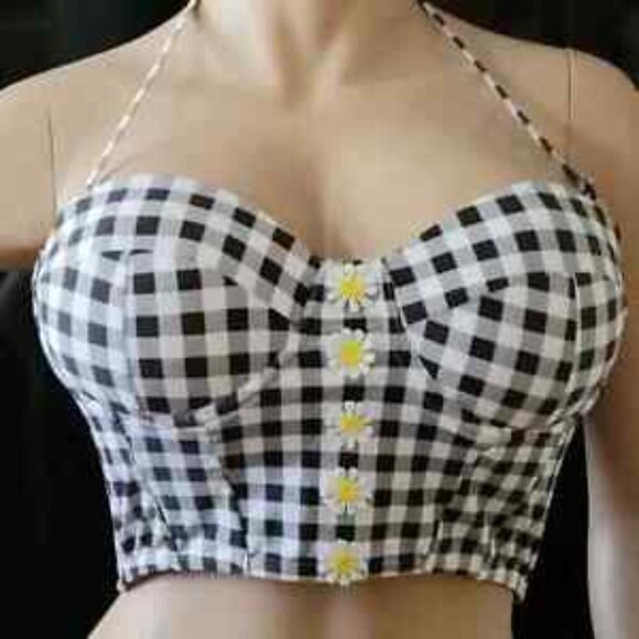 Betsey Johnson Retro Gingham Bustier Bikini Top - Picture 1 of 9